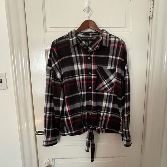 Polly & Ester Plaid Button Front Tie - Picture 3 of 8